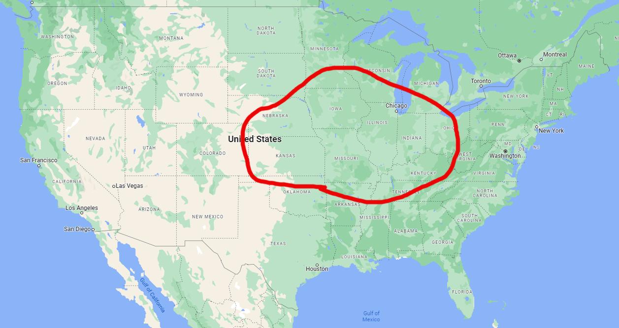 Map of USA with midwest states circled